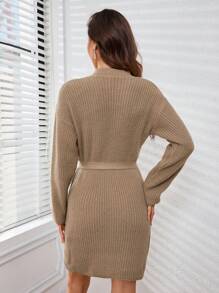 GENKIRA Solid Color Belted Sweater Dress With Drop Shoulder Sleeves - Khaki - View 2