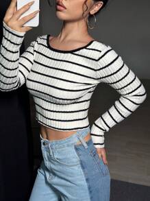 SHEIN Unity 条纹图案短款针织套头衫，适合秋冬季穿着 - 黑與白 - 查看 1