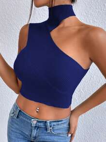 SHEIN Privé Của phụ nữ Xu hướng: Cắt giảm Mùa vụ Đồ đan Ribbed Áo - Xanh đậm - Xem 4