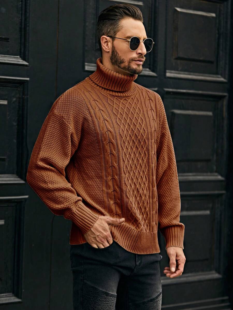 Manfinity Homme Áo len dệt kim cổ cao nam - Lạc đà - Xem 1