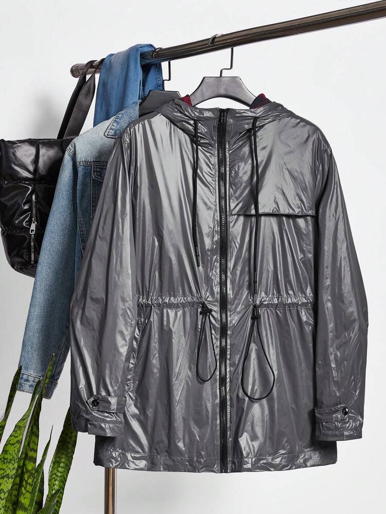1pc Loose Fit Zip Up Drawstring Waist Casual Hooded Coat, For Fall Winter