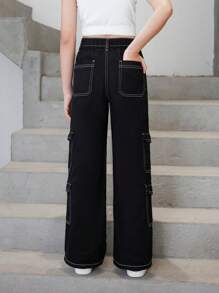 SHEIN Explorewe Tween Girl New Casual Fashionable Cargo Style Straight Leg Jeans With Multi Pockets