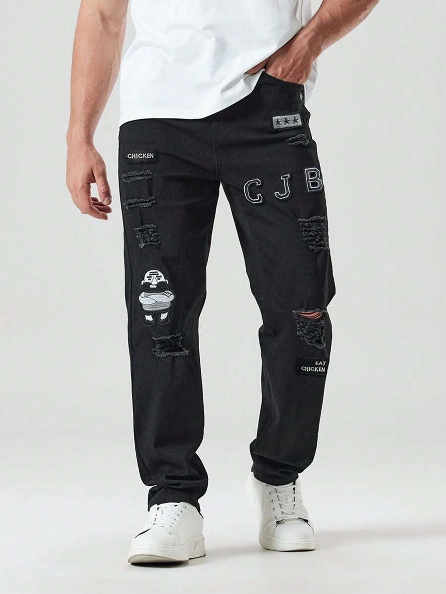 Manfinity Homme Nam Kích thước lớn Hoạt hình Chữ cái Patch Quần jean rách - màu đen - Xem 1