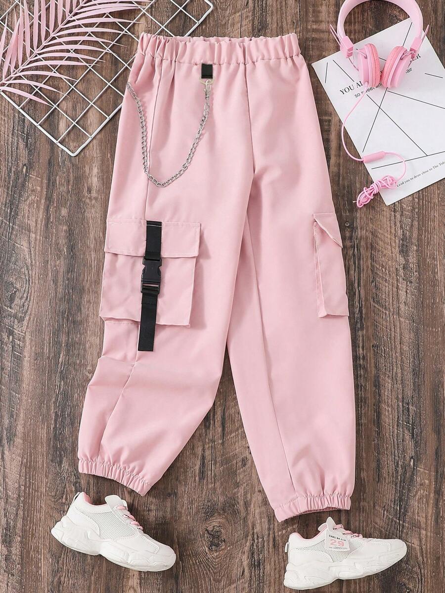 少女側翻口袋和鏈子細節多口袋褲 - 淺粉色 - 查看 1