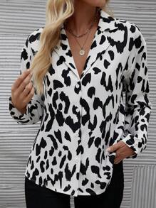 SHEIN Clasi Của phụ nữ In hoa Báo Áo sơ mi - Đen và trắng - Xem 4