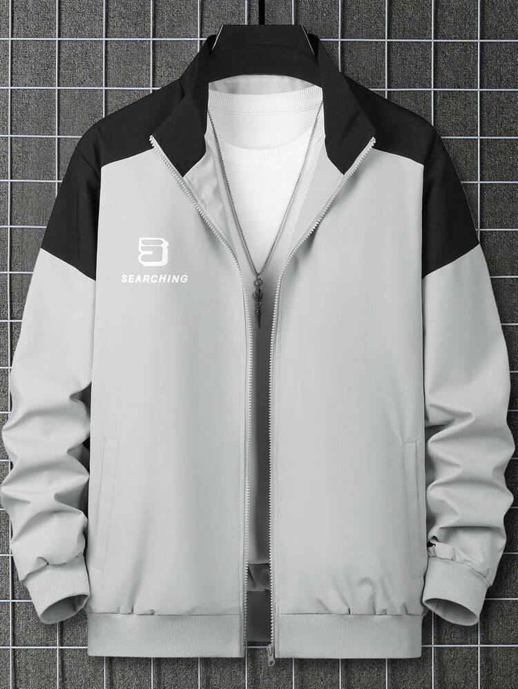 Men's Letter Print Color-blocked Jacket