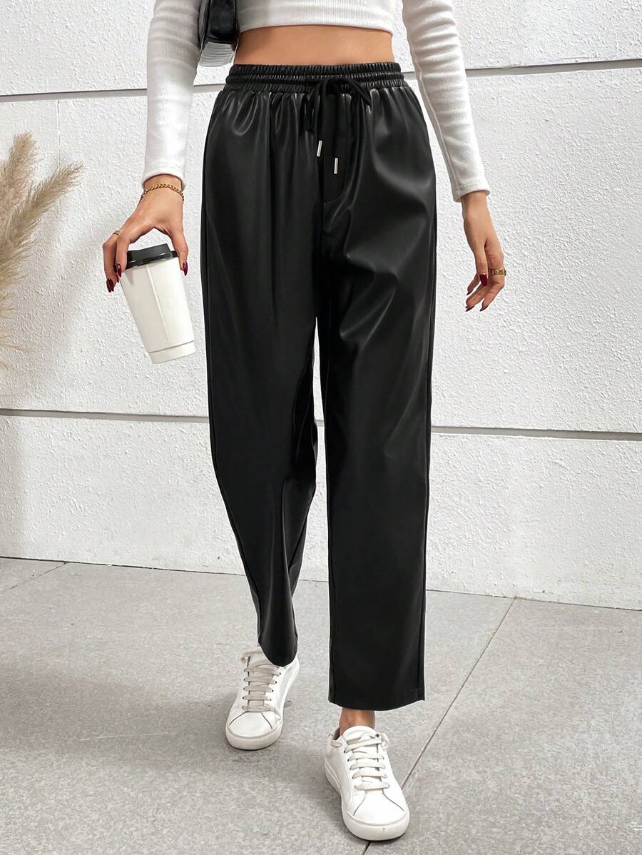 SHEIN Frenchy Eo dây rút Quần chân thẳng - màu đen - Xem 1
