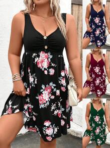 Breezaya 大碼印花胸部褶皺紐扣細節連衣裙 - 黑色 - 查看 1