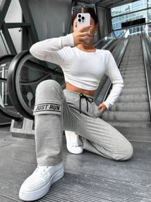 SHEIN Cottnline Letter Graphic Drawstring Waist Sweatpants - Light Grey - View 1