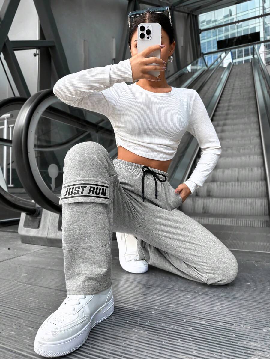 SHEIN Cottnline Letter Graphic Drawstring Waist Sweatpants - Light Grey - View 1