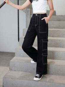 SHEIN Explorewe Tween Girl New Casual Fashionable Cargo Style Straight Leg Jeans With Multi Pockets