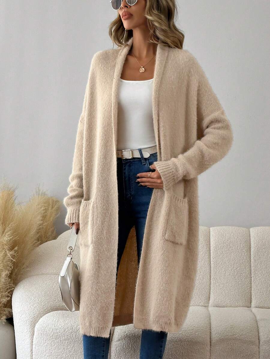 SHEIN LUNE Của phụ nữ Thả vai Mở Mặt trước Áo len Mở - Màu Khaki - Xem 1
