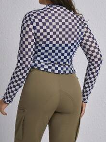 SHEIN EZwear Plus Size Women'S Checkerboard Printed Mesh Top - Navy Blue - View 2