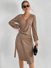 SHEIN Essnce Solid Rib-knit Wrap Side Dress - Camel - View 4