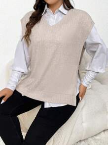 SHEIN Frenchy 大尺碼女性v領針織背心 - 杏色 - 查看 1