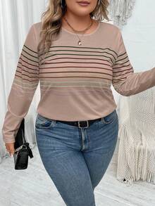 SHEIN LUNE Kích thước lớn Sọc & In Vòng cổ Áo thun - Màu Khaki - Xem 6