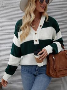 SHEIN LUNE Áo cardigan dệt kim nữ hai tông màu kẻ sọc, vai rớt, cài nửa khuy, thích hợp cho mùa thu đông. - Màu xanh lá cây đậm - Xem 3