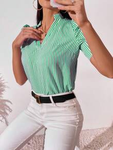 SHEIN Clasi Striped V-neck Blouse With Puff Sleeves For Women - Green - View 5