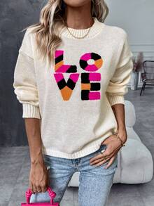 SHEIN LUNE Áo len nữ tay rớt vai họa tiết chữ cái, kiểu dáng chui đầu, thích hợp cho mùa thu đông. - trắng - Xem 4