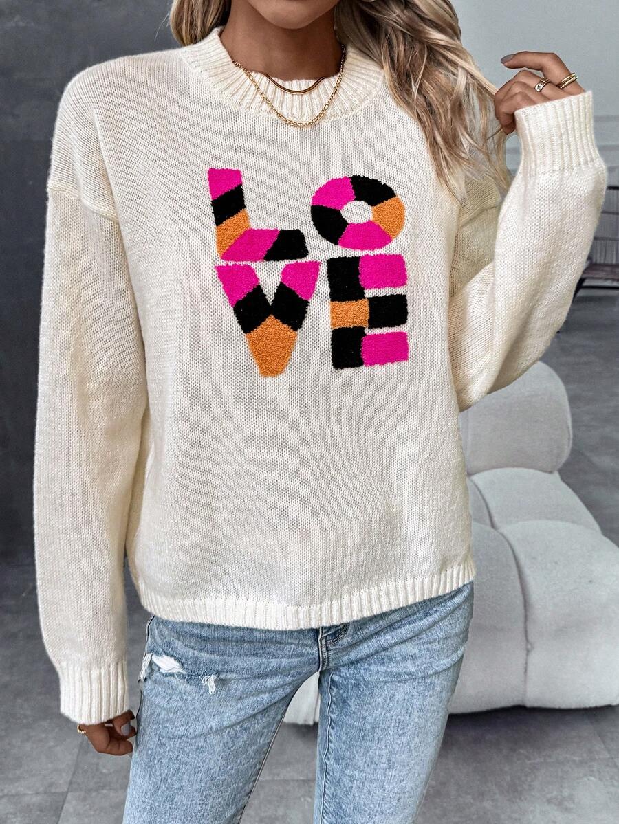 SHEIN LUNE Áo len nữ tay rớt vai họa tiết chữ cái, kiểu dáng chui đầu, thích hợp cho mùa thu đông. - trắng - Xem 1