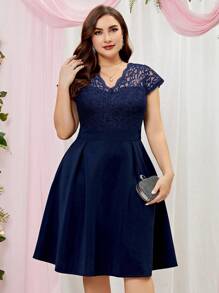 MIUSOL Plus Contrast Floral Lace Panel Flared Hem Cocktail Party Swing Dress - Navy Blue - View 1
