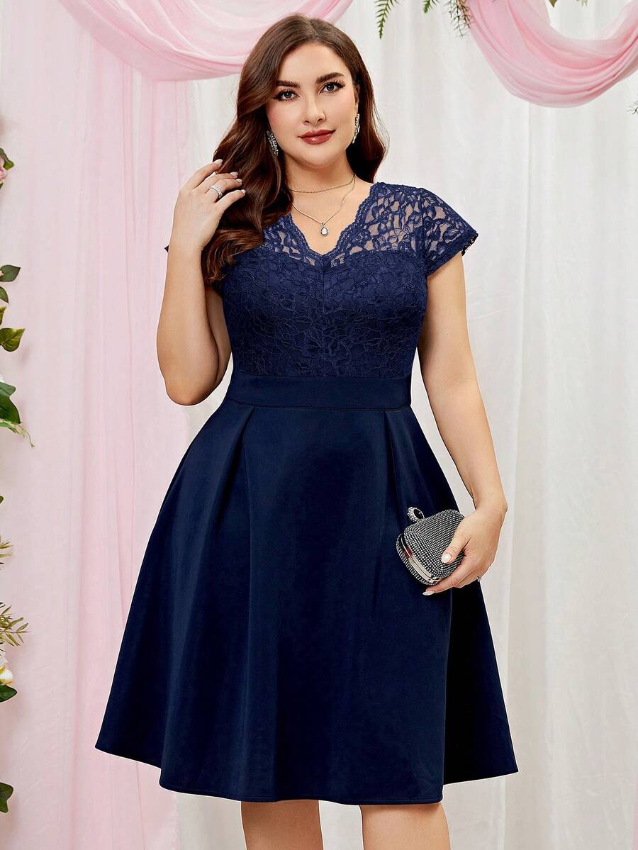 MIUSOL Plus Contrast Floral Lace Panel Flared Hem Cocktail Party Swing Dress - Navy Blue - View 1