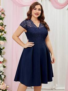 MIUSOL Plus Contrast Floral Lace Panel Flared Hem Cocktail Party Swing Dress - Navy Blue - View 5