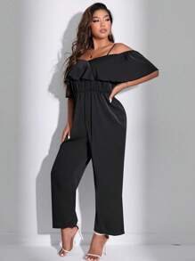 Celure Plus Size Solid Color Ruffled Hem Jumpsuit With Drawstring Waist - Black - View 5