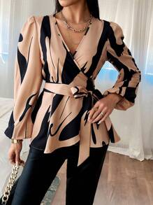 SHEIN Privé 女士印花燈籠袖包身襯衫 - 杏色 - 查看 4