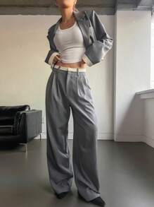 Dazy Star Contrast Trim Crop Blazer & Wide Leg Pants - Grey - View 4