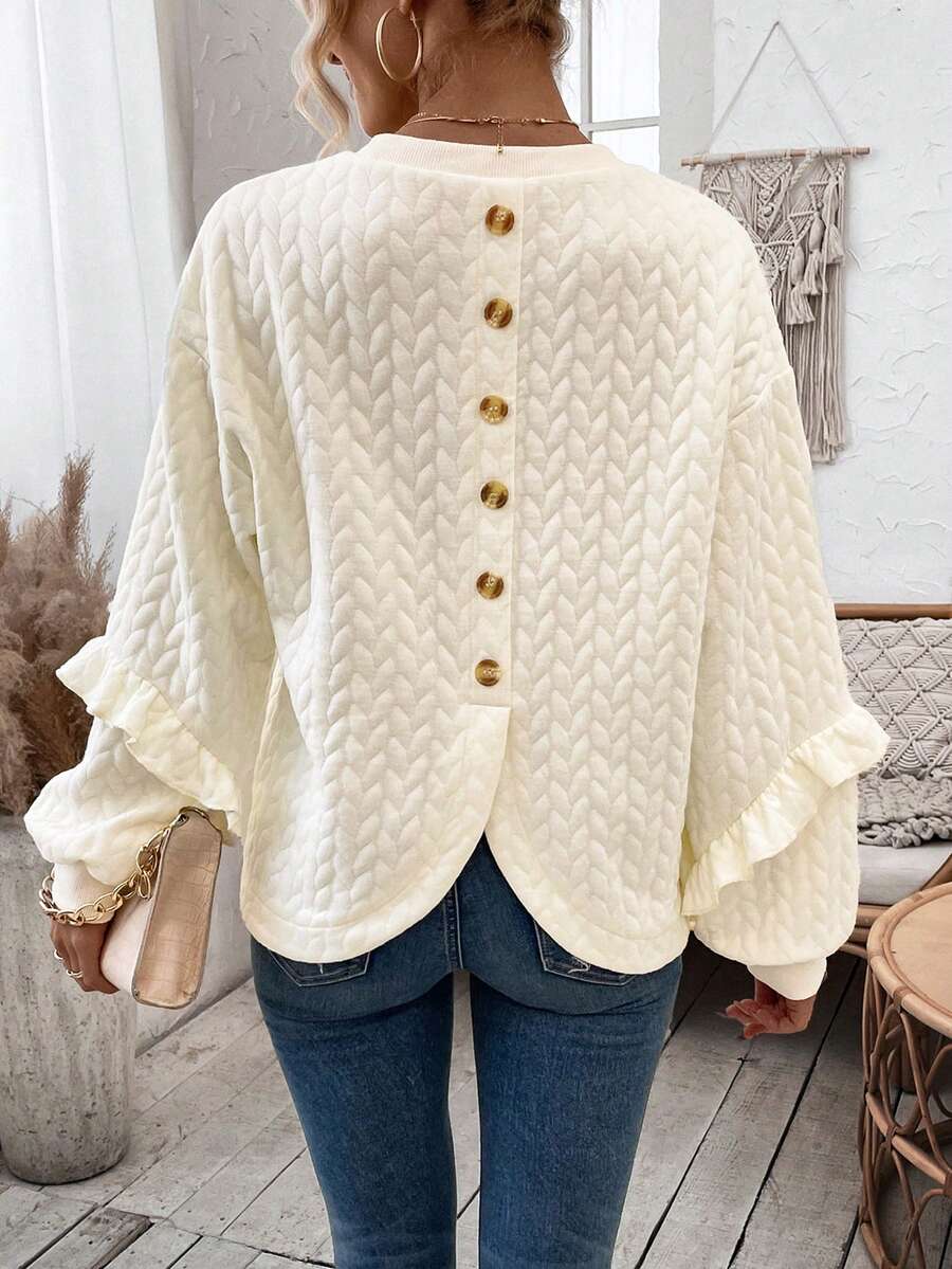 SHEIN Essnce Của phụ nữ Vòng cổ Thả vai Áo nỉ Với Trở lại Nút Thiết kế - Màu be - Xem 1