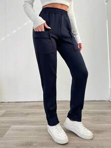 SHEIN Cottnline Solid Color Pocket Cargo Long Pants - Navy Blue - View 5