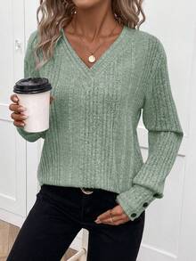 SHEIN LUNE Women's Ribbed Knit T-shirt - Green - View 5