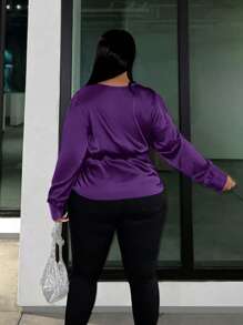 Slaydiva 大尺碼不對稱褶皺打結襯衫 - 紫色 - 查看 2