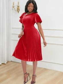 Women's Elegant Ruffle Sleeve Pleated Christmas Dress, Summer - Red - View 3