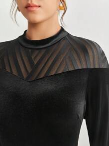 BizChic Plus Contrast Mesh Velvet Top & Skirt Without Belt