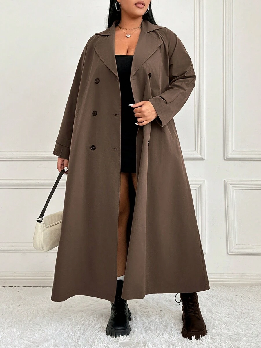 SHEIN EZwear 大雙排扣風衣 - 棕色 - 查看 1