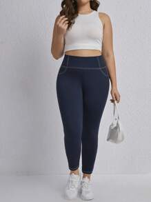 SHEIN EZwear Plus Top-stitching Wideband Waist Leggings - Blue - View 4