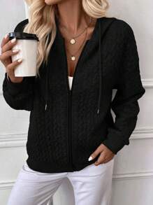 SHEIN LUNE Women's Zip Up Drawstring Hooded Sweatshirt - Black - View 1