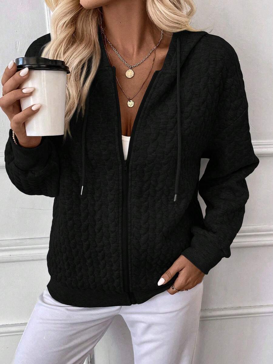 SHEIN LUNE Women's Zip Up Drawstring Hooded Sweatshirt - Black - View 1