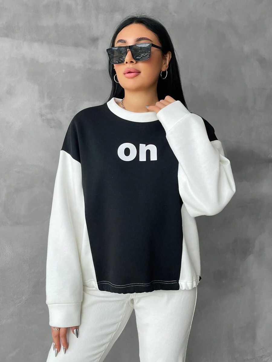 RueChic Plus Letter Graphic Two Tone Drop Shoulder Sweatshirt - Black and White - View 1