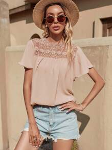 SHEIN LUNE Lace Mock Neck Butterfly Sleeve Blouse - Apricot - View 1