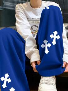 Manfinity EMRG 鬆身男士交叉印花休閒長褲，彈性腰帶設計 - 藍色 - 查看 1