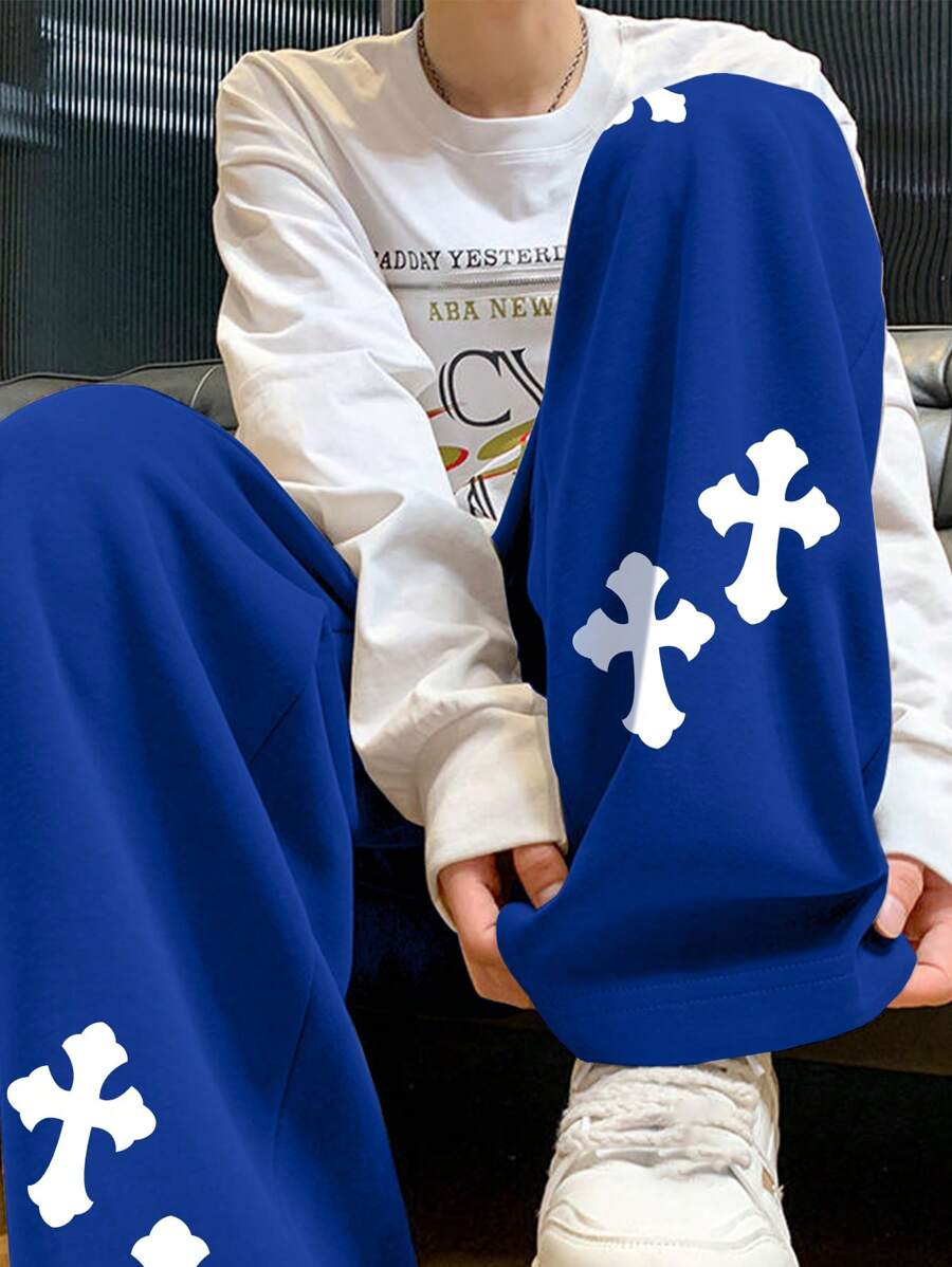 Manfinity EMRG 鬆身男士交叉印花休閒長褲，彈性腰帶設計 - 藍色 - 查看 1