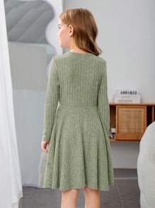 SHEIN Đầm thường ngày dệt kim cổ tròn màu trơn cho cô gái tuổi teen, tay dài, mùa thu đông - Màu xanh Bạc hà - Xem 2