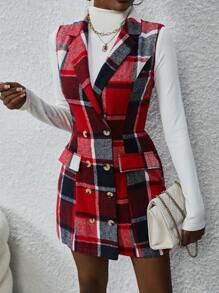 Chiquease Plaid Double-breasted Vest Suit Jacket - Red - View 3