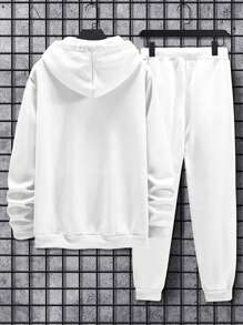 Manfinity Homme Men's Letter Printed Hooded Sweatshirt And Pants Set With Drawstring - White - View 2