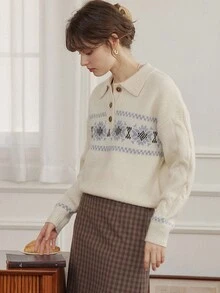 Simple Retro wool print button lapel neck sweater - Beige - View 8