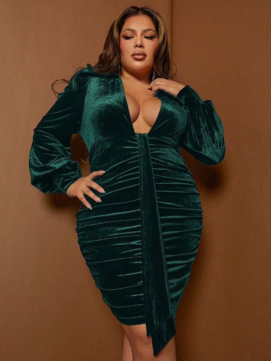 SHEIN SXY Plus Plunging Neck Lantern Sleeve Draped Ruched Velvet Bodycon Dress - Dark Green - View 1