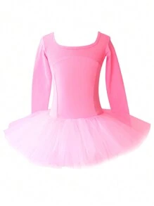 1件年輕女孩芭蕾舞連身衣，長袖舞蹈裙，芭蕾舞者用蕾絲紗裙，舞蹈練習服裝表演服裝 - 西瓜粉 - 查看 3